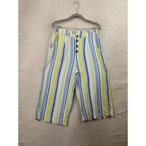 ANA Women Pants Medium Blue Striped Linen Rayon Hi Rise Straight Loose Crop Leg